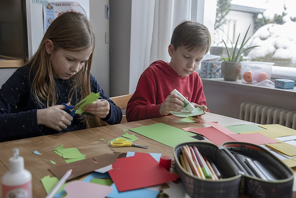 Zwei Kinder schneiden und kleben Buntpapier am Küchentisch, draußen liegt Schnee auf dem Fensterbrett