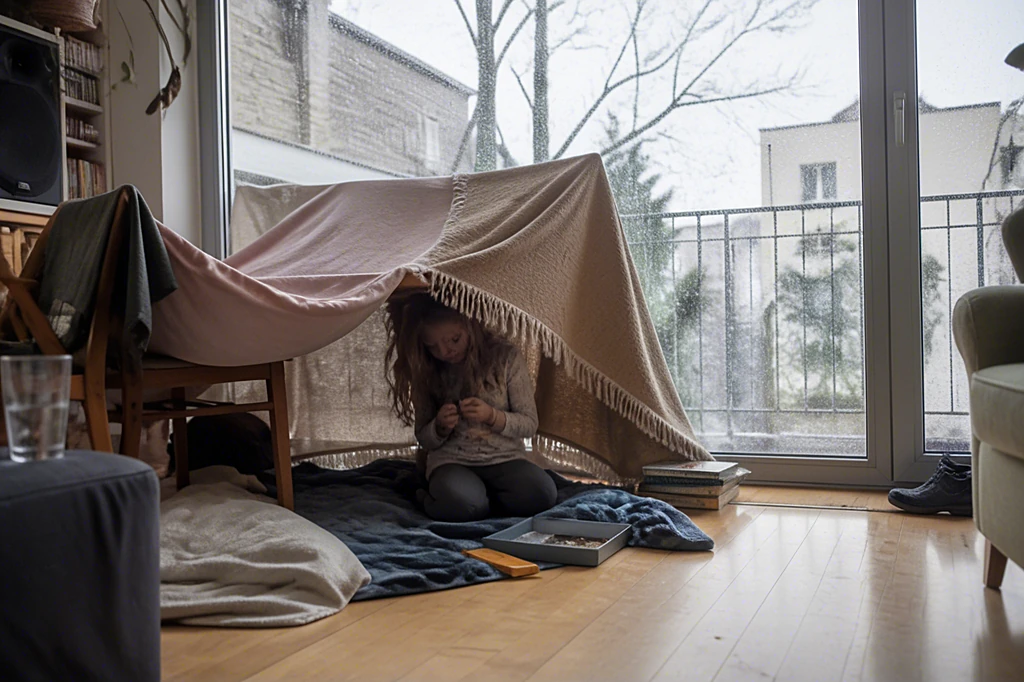 Kind sitzt in einer selbstgebauten Höhle aus Decken vor einer regennassen Fensterfront