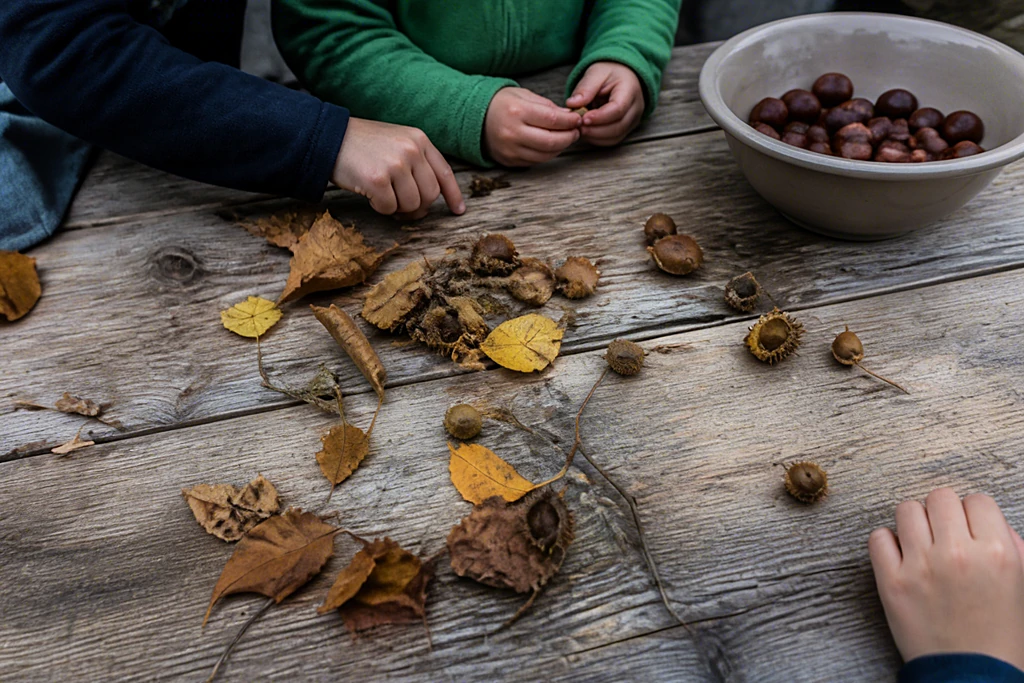 Kinderhände sortieren Herbstlaub, Bucheckern und Kastanien auf einem verwitterten Holztisch