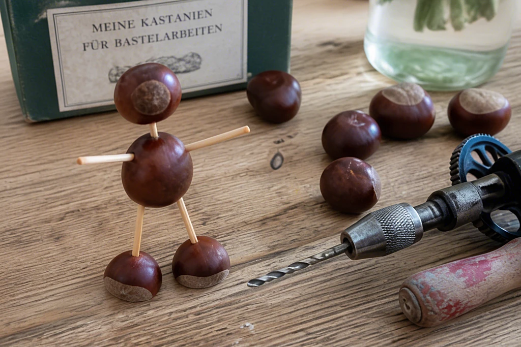 Kastanienmännchen mit Streichhölzern als Beine auf einem Holztisch, daneben ein alter Handbohrer