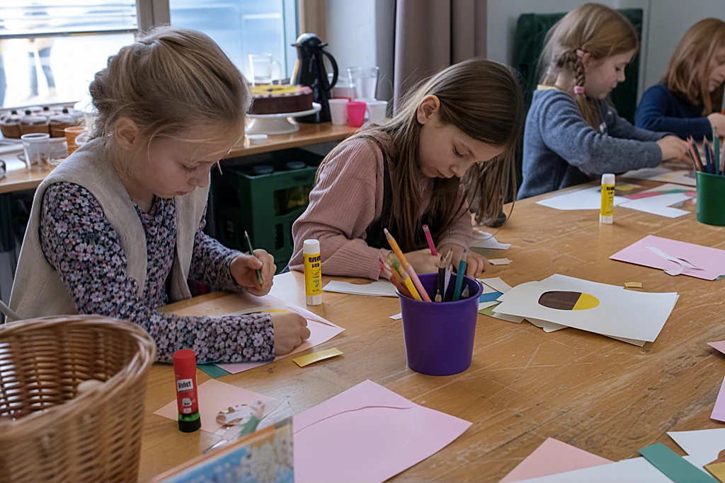 Mehrere Kinder basteln nebeneinander an einem langen Tisch mit Papier, Klebestiften und Buntstiften