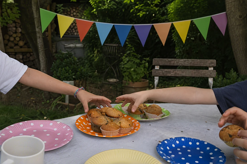 Gedeckter Geburtstagstisch im Garten mit Muffins, bunten Papptellern und einer Wimpelgirlande