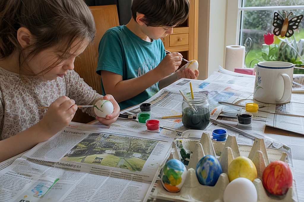 Zwei Kinder bemalen Ostereier an einem mit Zeitungspapier abgedeckten Tisch, fertige Eier im Eierkarton