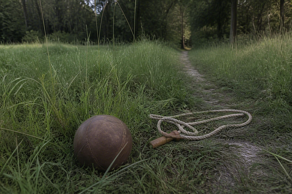 Abgenutzter Lederball und Springseil im hohen Gras an einem Waldrand