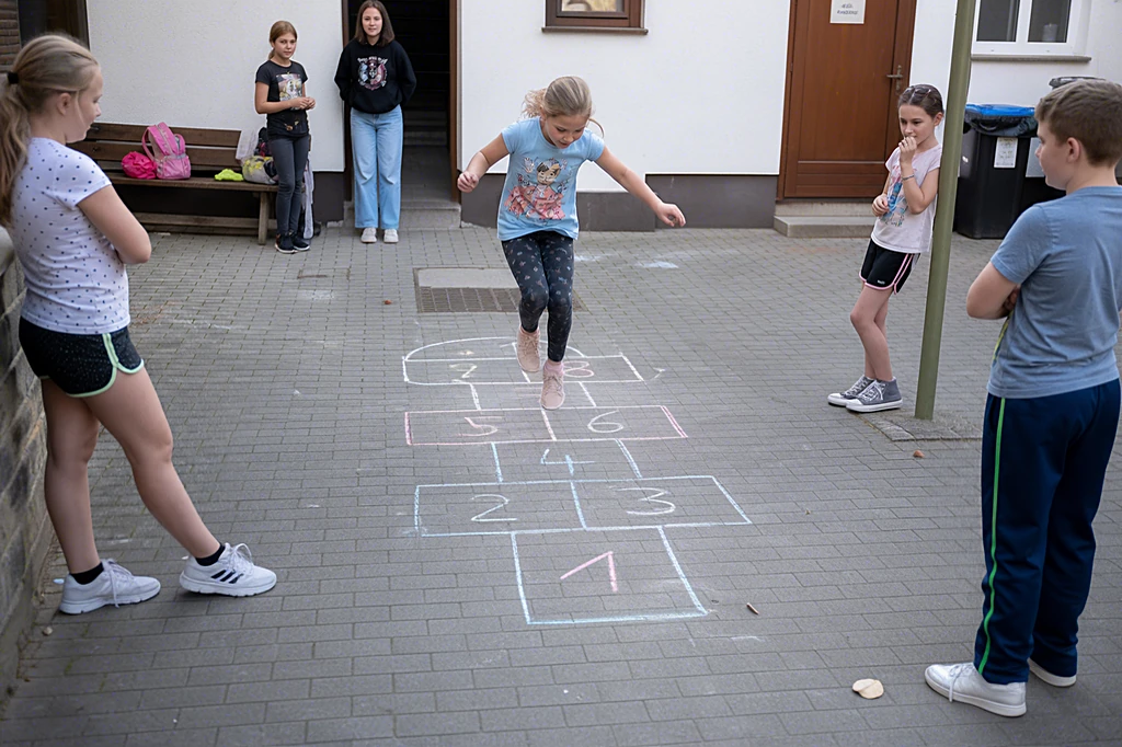 Kinder spielen Hüpfekästchen auf einem gepflasterten Hof, die Felder sind mit Straßenkreide gemalt