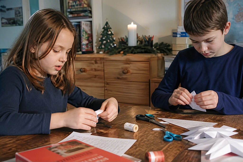 Zwei Kinder falten Papiersterne an einem Tisch, im Hintergrund Adventskranz und brennende Kerze